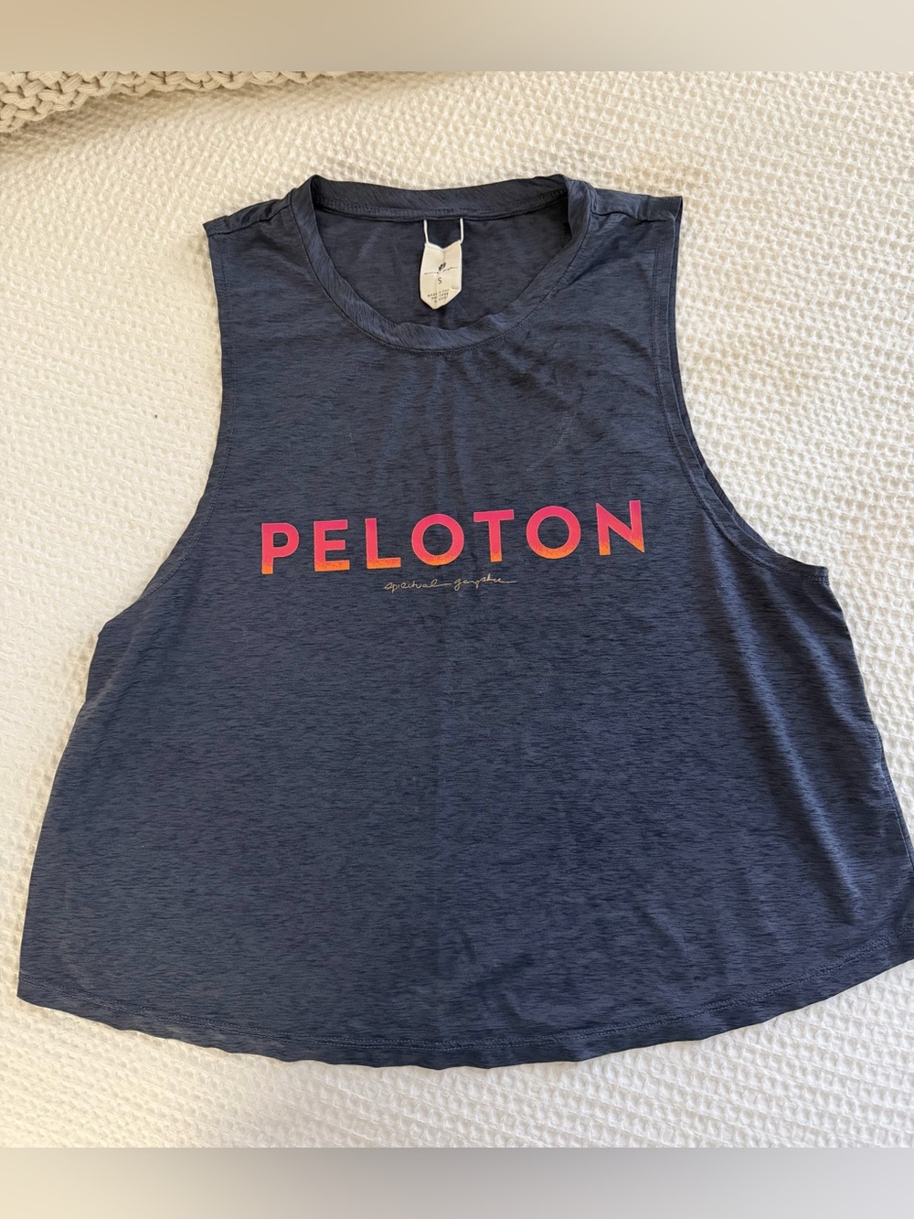 Spiritual Gangster Navy Muscle Tee with Pink and Orange Peloton Logo